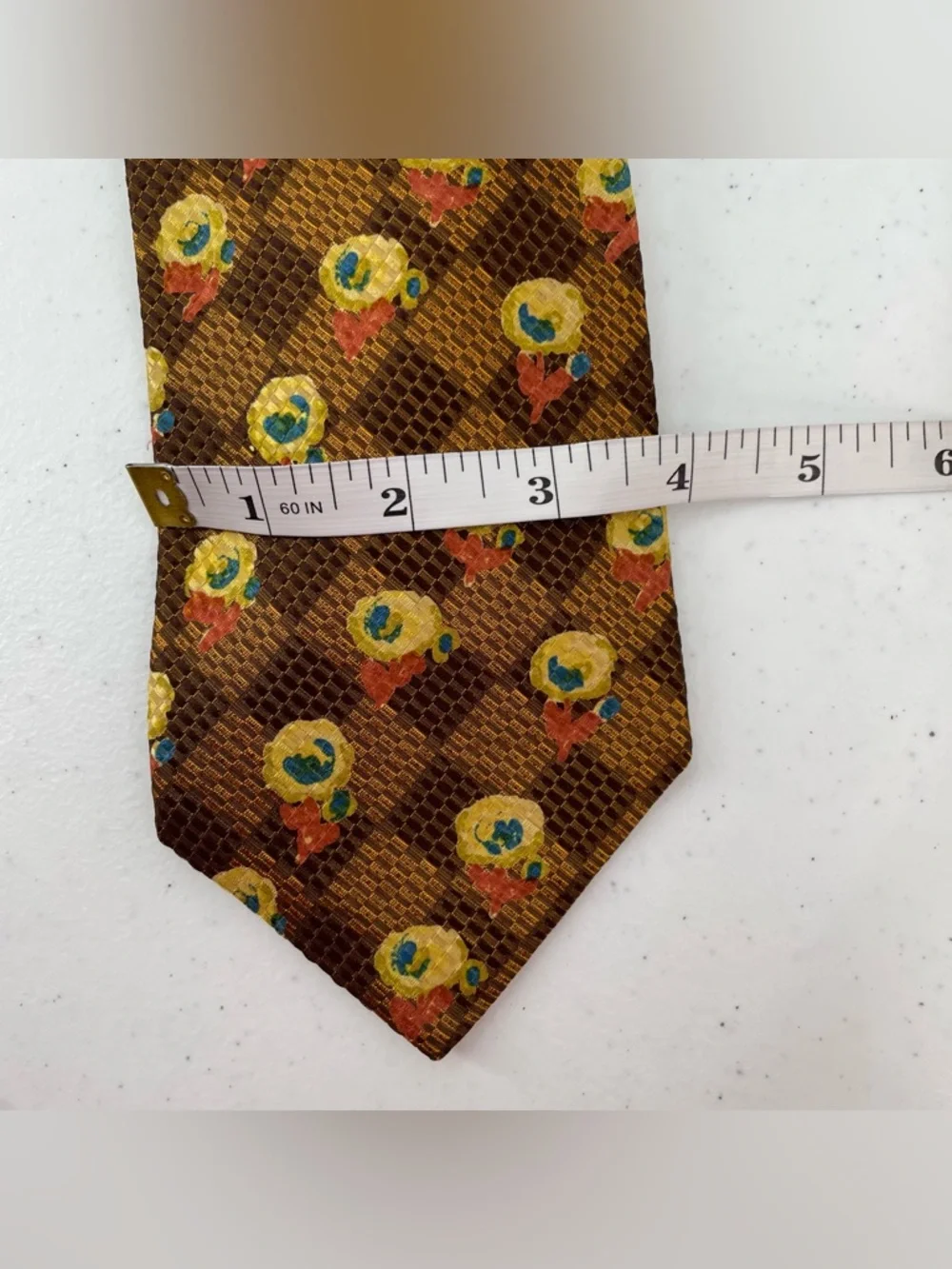 Ermenegildo Zegna Two Tone Brown Background Yellow Blue Orange Floral Silk Tie